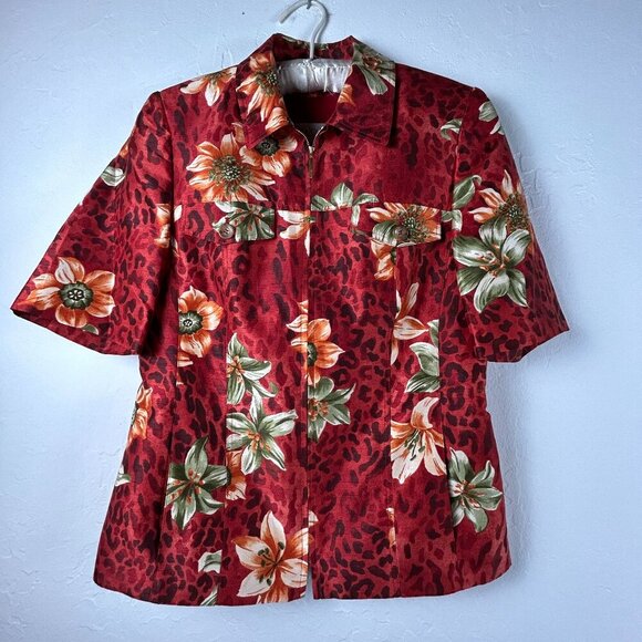 Basler by Horst Basler Zipped Lined Blazer Size 10 Red Floral Print Short Sleeve